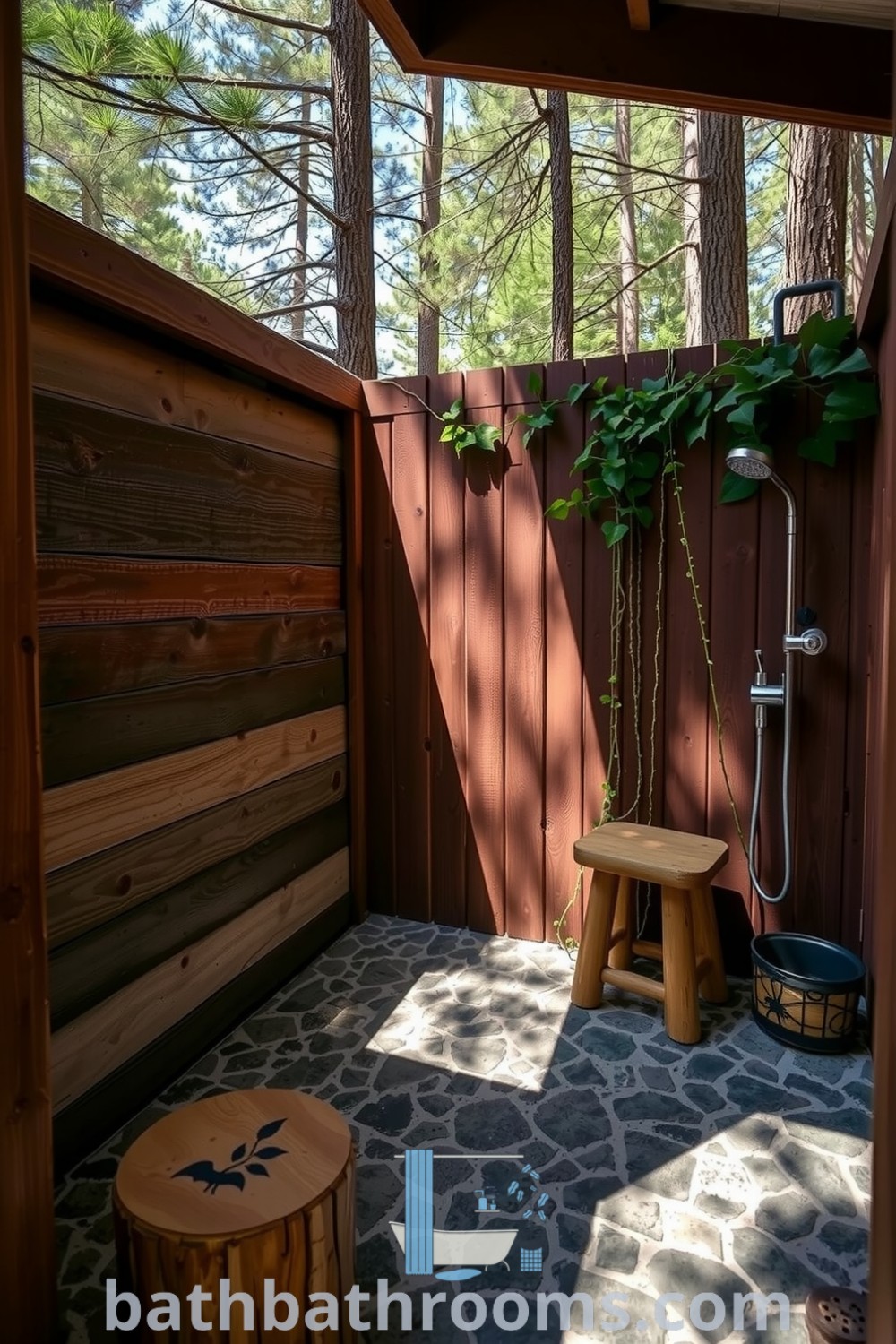 Outdoor camping bathroom with reclaimed wood, textured stone flooring, an old-fashioned metal showerhead, and a wooden privacy screen adorned with climbing vines, creating a cozy and serene atmosphere. Discover unique ideas for your home at bathbathrooms.com.