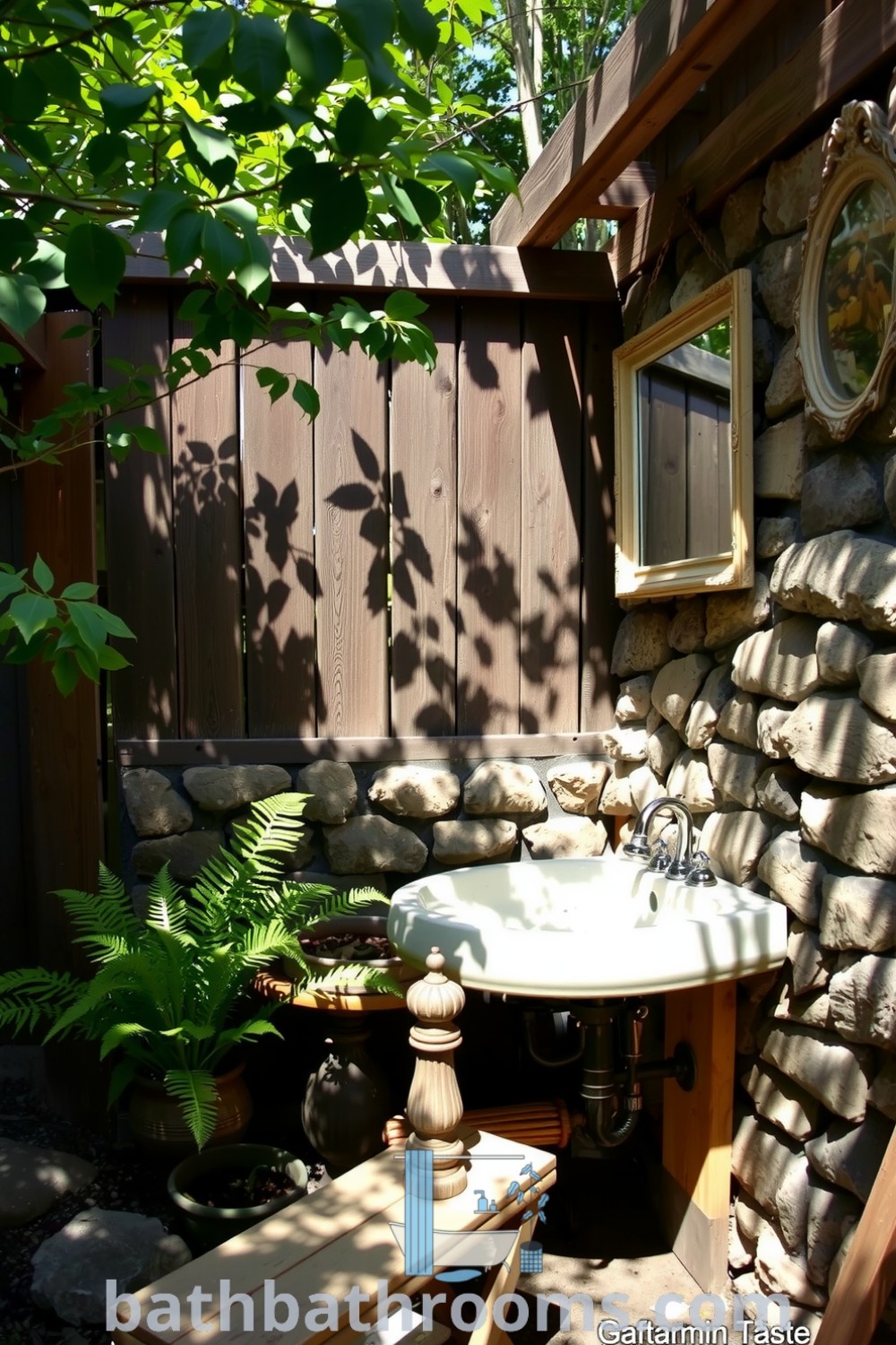 Rustic outdoor bathroom featuring weathered wooden beams, a stone wall, a natural stone sink, and potted ferns, creating a cozy aesthetic perfect for relaxation. Discover inspiring decor ideas for your home at bathbathrooms.com.