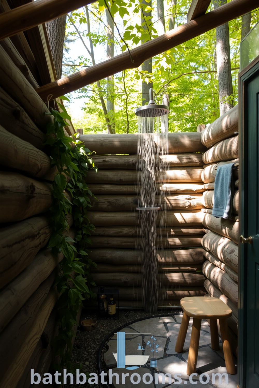 Cozy outdoor bathroom with rustic wooden walls, stone flooring, and a metal showerhead, enveloped by nature for a serene retreat. Discover more design ideas for cozy homes at bathbathrooms.com.