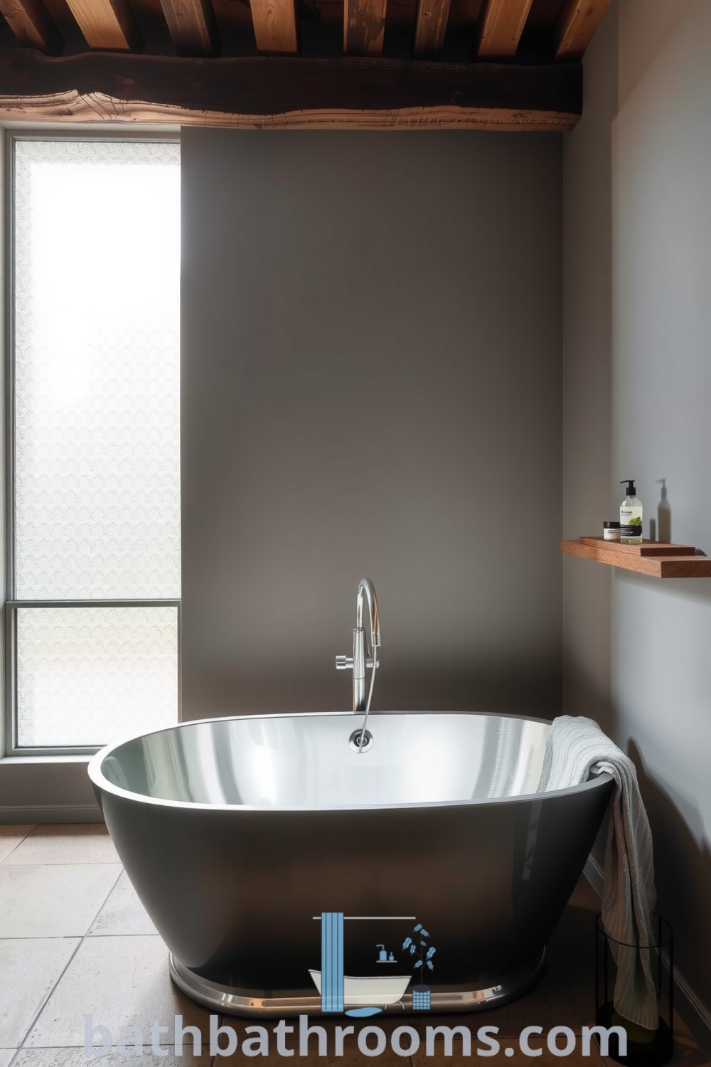 Minimalist bathroom featuring frosted windows, silver accents, a sleek silver tub, rustic wooden beams, and neatly organized organic bath products, creating a serene and inviting atmosphere. Discover more decor ideas for a cozy aesthetic at bathbathrooms.com.