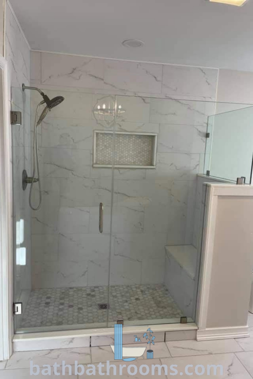 A beautifully designed bathroom featuring a two-sided glass shower enclosure that maximizes style and space. Ideal for master bath remodels, this elegant design offers inspiring decor ideas and cozy aesthetic inspirations. Discover more at bathbathrooms.com.