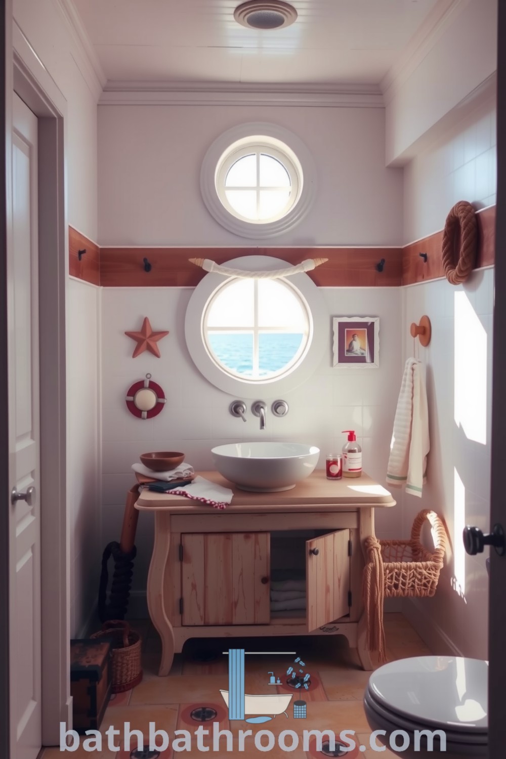 Cozy coastal bathroom featuring crisp white paneling, weathered wood accents, a porthole window, sandy beige tiles, nautical elements like rope handles and seashells, and a vintage washbasin atop a driftwood-inspired vanity. Discover inspiring decor ideas for your home at bathbathrooms.com.