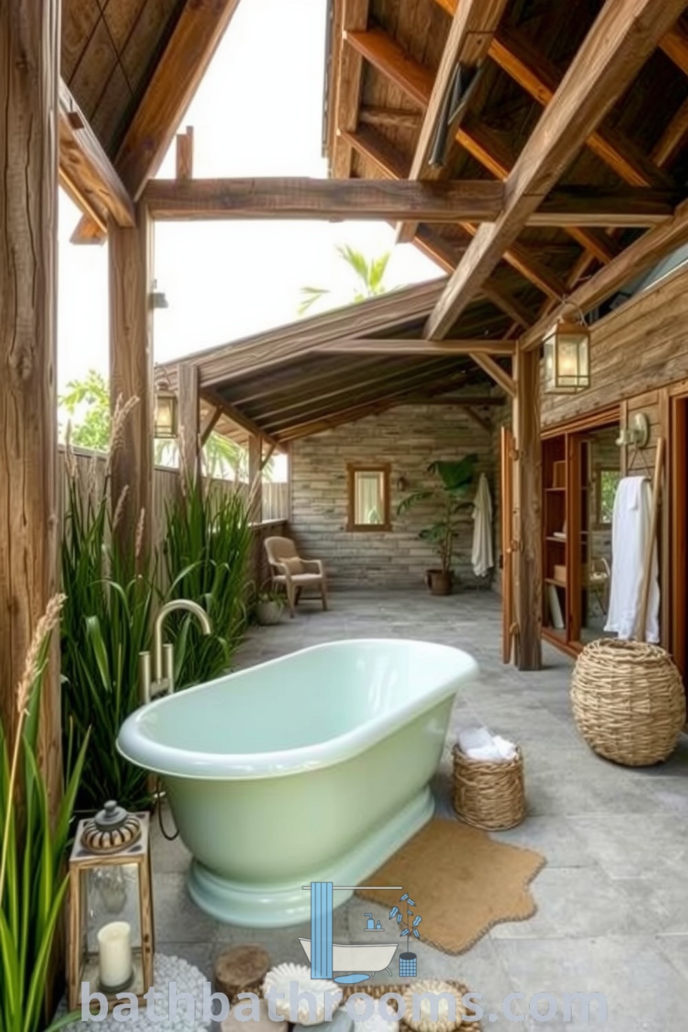 Coastal outdoor bathroom featuring weathered wooden beams, sandy tiles, a soft seafoam green freestanding bath, and beach grass, creating a serene retreat. Discover cozy design ideas at bathbathrooms.com.