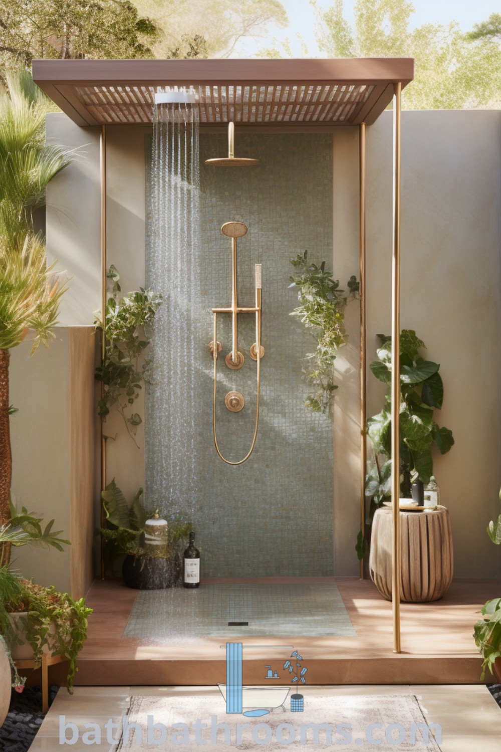 An outdoor shower in a garden setting with potted plants, embodying Tulum style decor and Bali bathroom aesthetics. Discover unique design ideas for transforming your home and outdoor spaces at bathbathrooms.com.