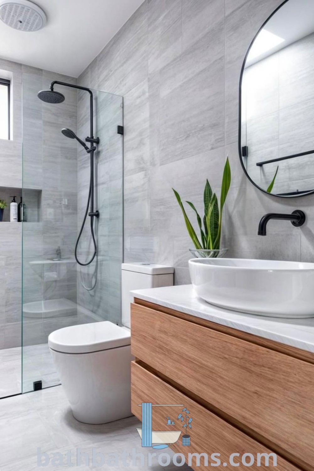 A stylish Scandinavian bathroom showcasing a sink, toilet, and shower with grey flooring. This design offers sleek and cozy ideas for bathroom goals and inspirations. Perfect for bathroom redesign or décor ideas at bathbathrooms.com.