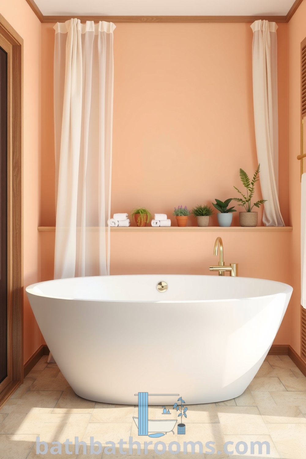 Minimalist bathroom with peach tones, a freestanding tub, warm wooden accents, and natural stone flooring, featuring potted plants and sunlight filtering through sheer curtains. Discover inspiring decor ideas for your home at bathbathrooms.com.