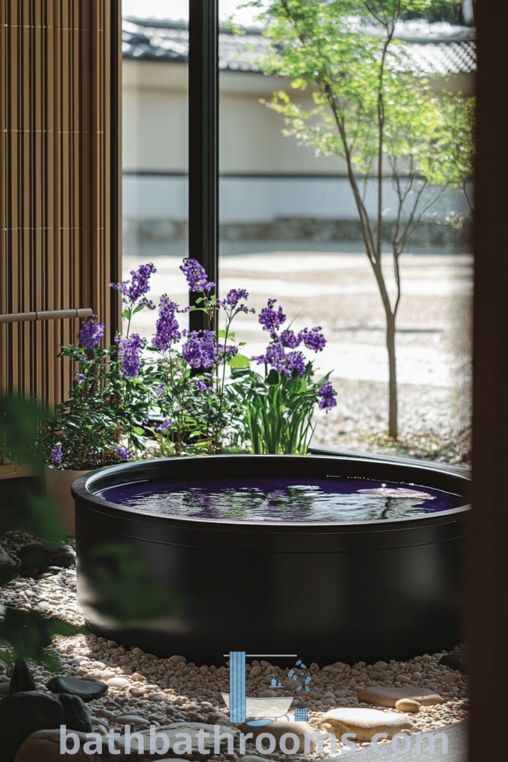 Serene Japanese bathroom featuring a lavender soaking tub against wooden paneling, natural light from frosted glass, textured stone floor, and bamboo accents, creating a tranquil retreat. Discover more cozy ideas for your home at bathbathrooms.com.