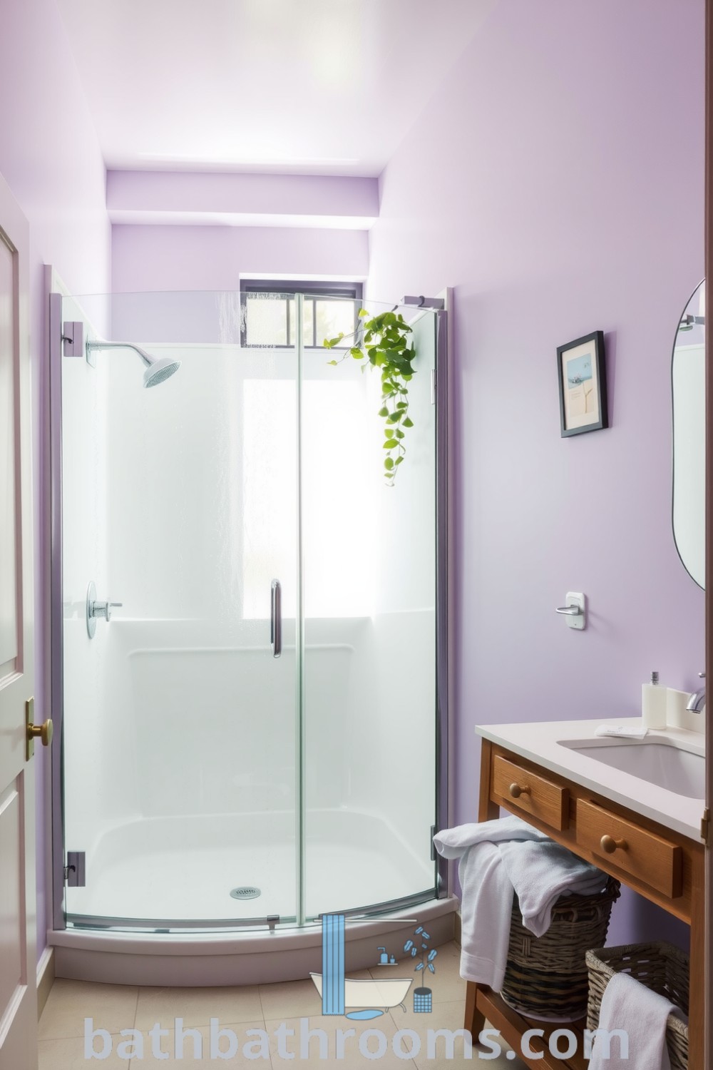 Cozy lavender bathroom featuring lilac walls, a frameless glass shower, wooden accents, and fluffy towels, enhancing a tranquil atmosphere. Discover unique decor ideas at bathbathrooms.com.