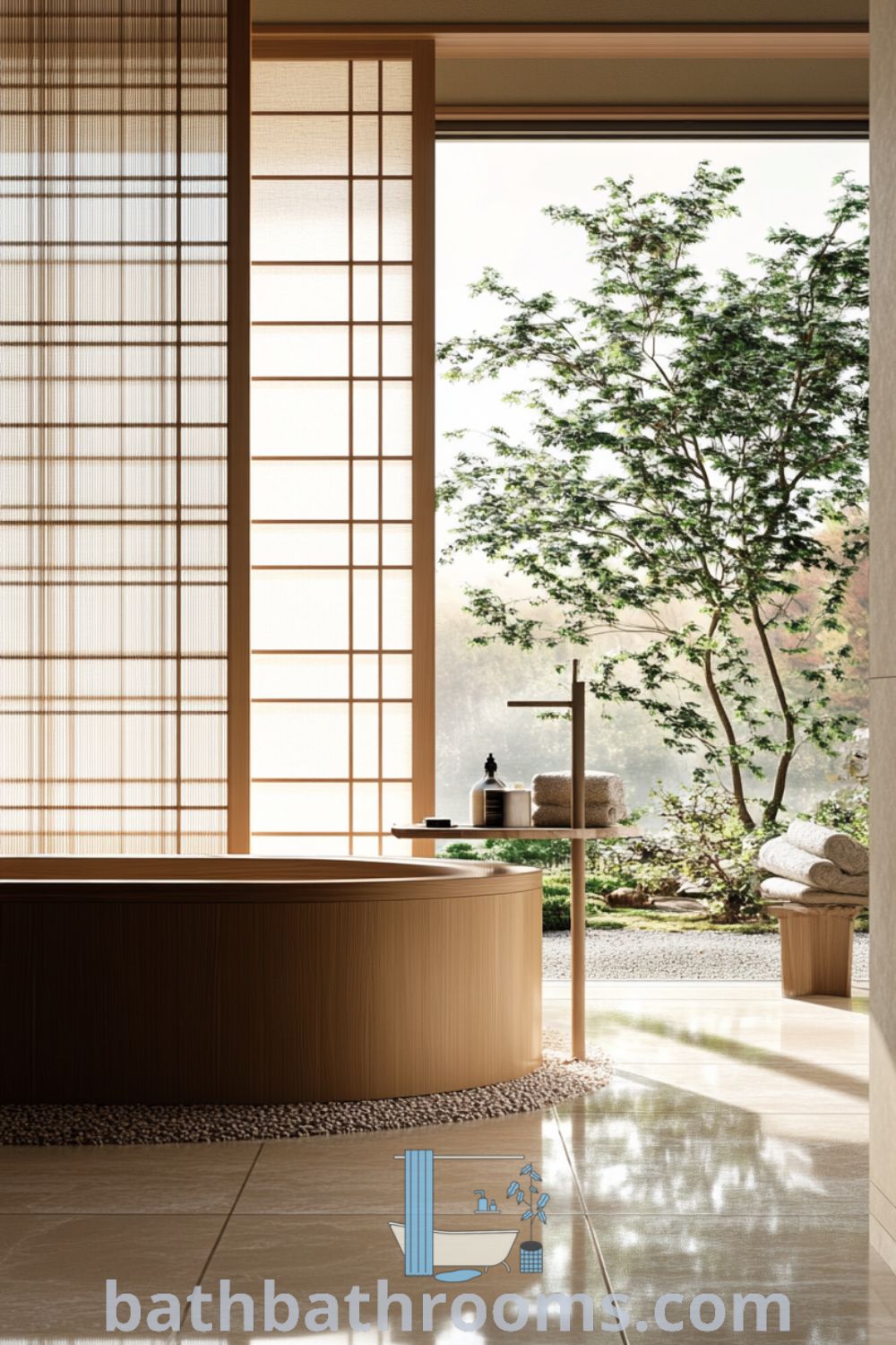 Cozy Japanese bathroom featuring a calming beige palette, deep wooden tub, smooth stone tiles, and soft light from shoji screens, creating a serene and inviting atmosphere. Discover more decor ideas for your home at bathbathrooms.com.