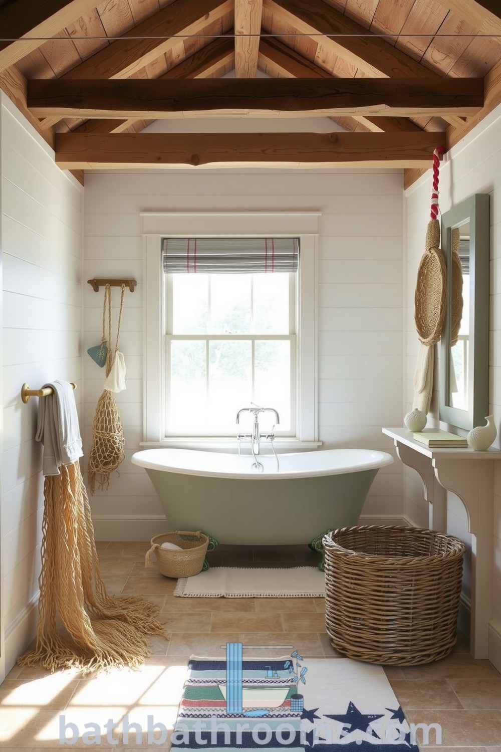 Nautical styled bathroom featuring soft seafoam green and sandy beige colors, weathered wooden beams, a freestanding tub, vintage fishing nets, and seashell accents, creating a cozy and inviting coastal atmosphere. Discover unique ideas for your home at bathbathrooms.com.