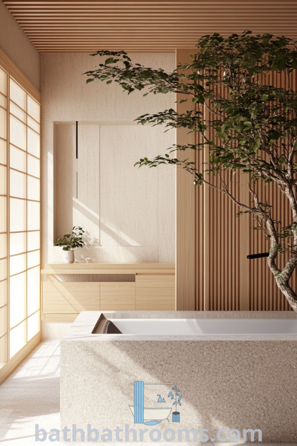 Cozy Japanese bathroom featuring warm wooden accents, soft lavender walls, a natural stone soaking tub, and elegant fixtures, creating a peaceful and inviting atmosphere. Discover more decor inspirations at bathbathrooms.com.