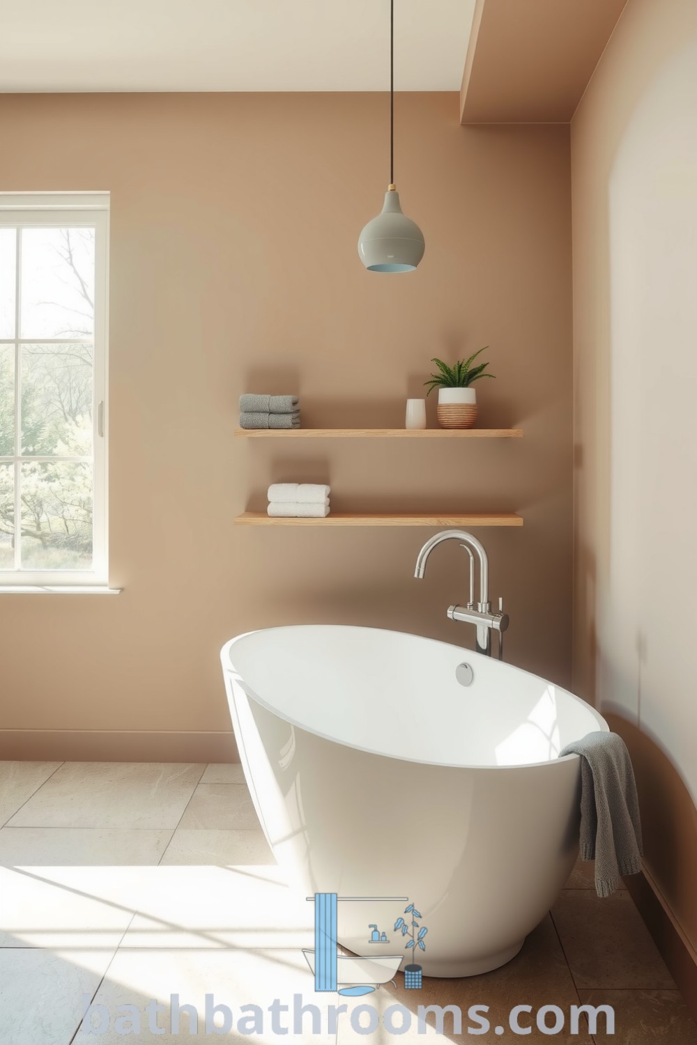 Cozy taupe minimalist bathroom with a stone-tiled floor, freestanding tub, wooden shelves, and natural light, creating a serene atmosphere perfect for relaxation. Discover more design ideas for your home at bathbathrooms.com.