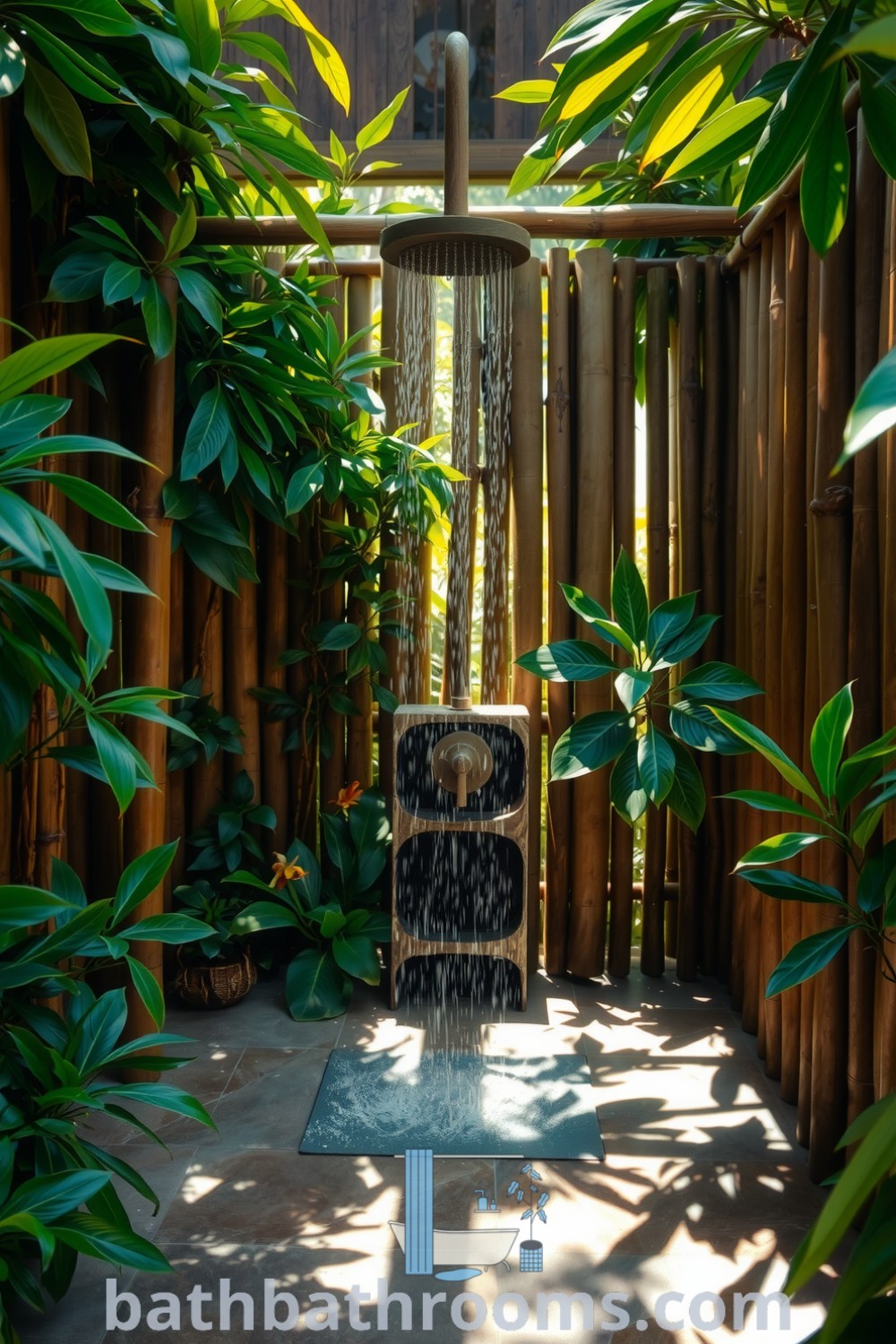 Tropical outdoor shower surrounded by vibrant greenery, weathered bamboo walls, and a rustic wooden showerhead, creating a relaxing atmosphere. Explore unique decor ideas and inspirations for your home at bathbathrooms.com.