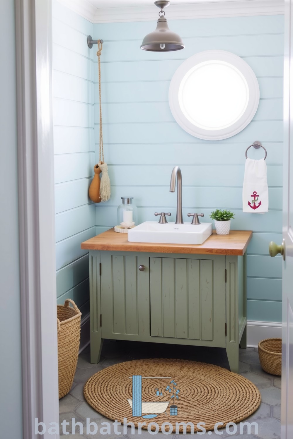 Nautical bathroom featuring soft blue shiplap walls, a seafoam green vintage vanity, a porthole window, and seashell accents, creating a serene coastal ambiance. Explore unique decor ideas for your home at bathbathrooms.com.