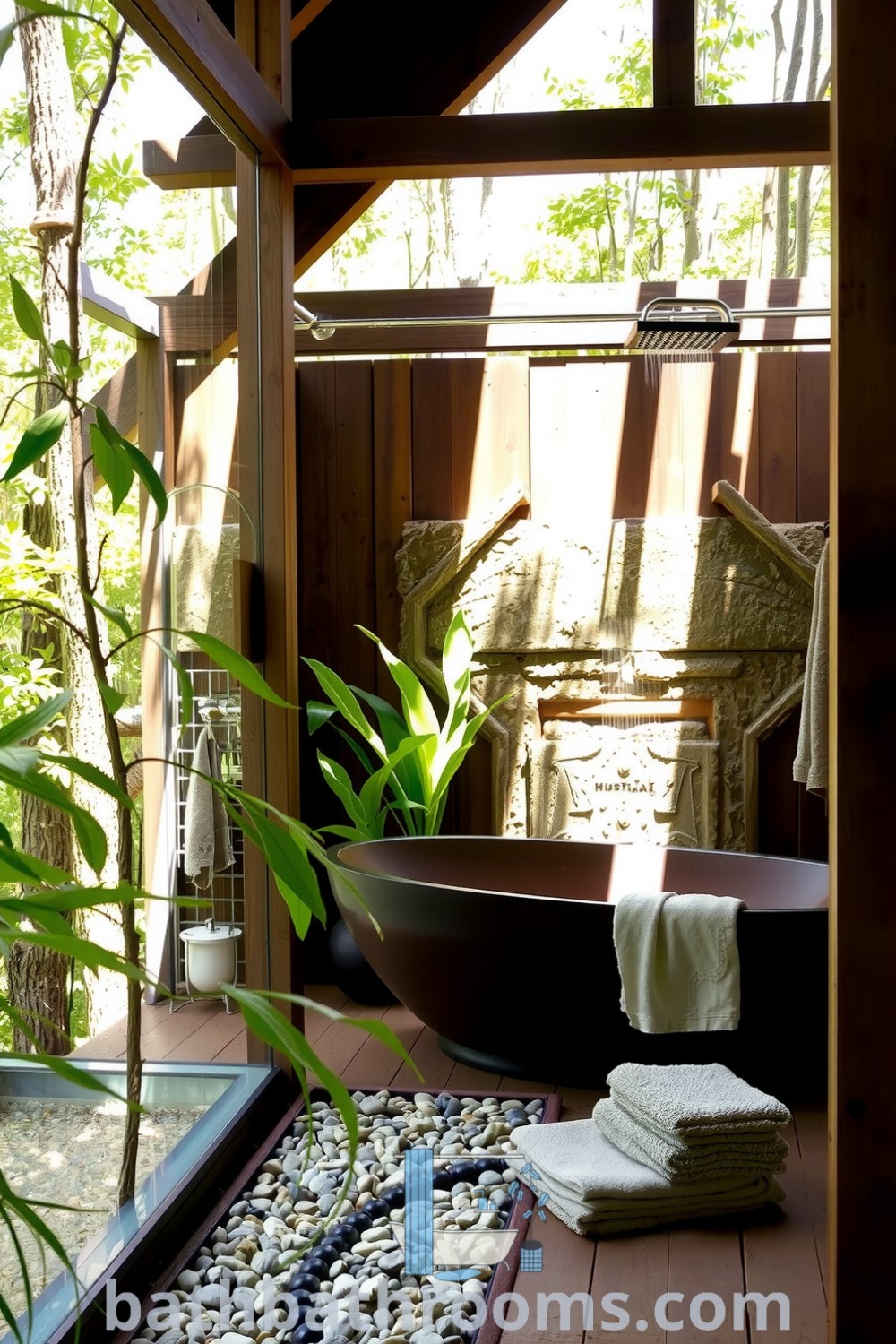 Tranquil outdoor bathroom featuring a natural stone shower, a freestanding dark wood soaking tub, weathered wooden beams, and lush green plants, creating a serene atmosphere for relaxation. Discover unique ideas for your home at bathbathrooms.com.