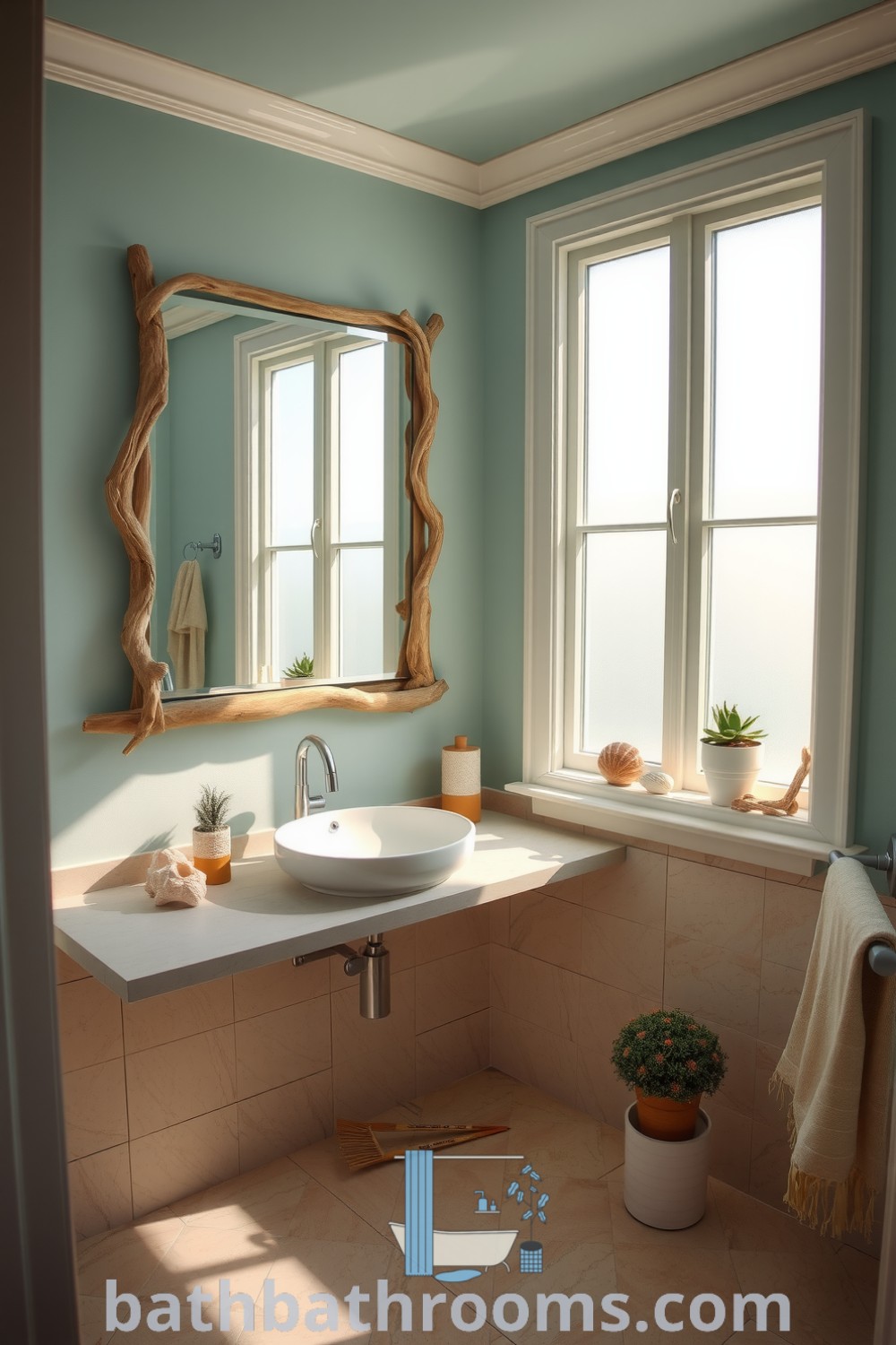 Coastal themed bathroom featuring soothing seafoam green and sandy beige colors, driftwood accents, a ceramic sink, seashell decor, and potted succulents, creating a tranquil and refreshing ambiance. Discover inspiring decor ideas for your home at bathbathrooms.com.
