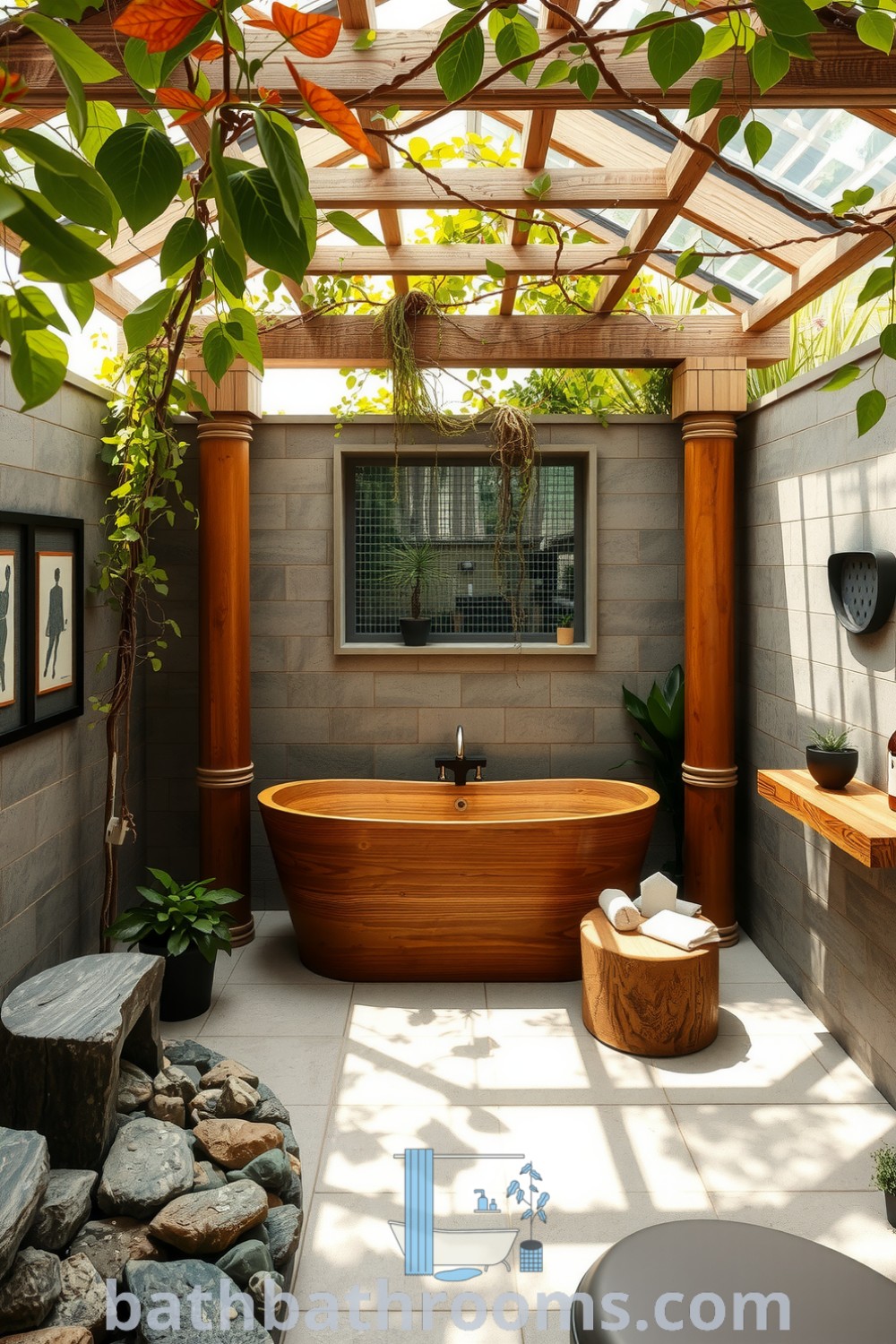 Serene eco-friendly outdoor bathroom featuring weathered stone tiles, rustic wooden beams with vine-like plants, a minimalist wooden bathtub, and smooth river rocks creating a tranquil retreat. Discover inspiring decor ideas for a cozy home at bathbathrooms.com.