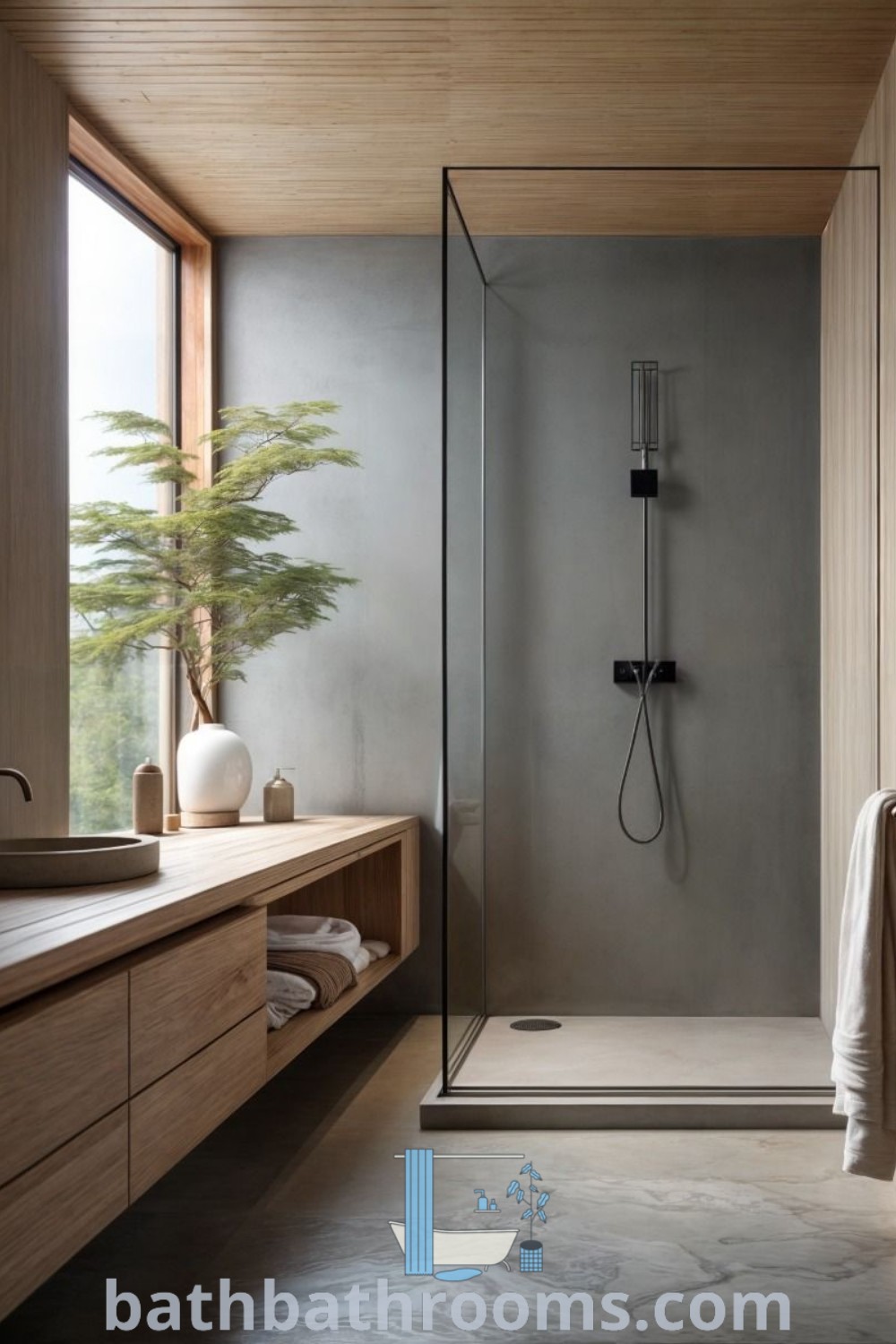 A modern bathroom showcasing a walk-in shower and a sink, designed in California modern style with Scandinavian influences. This minimalist and functional design highlights the cozy aesthetic and is perfect for maximizing style and space. Discover more inspiring ideas at bathbathrooms.com.