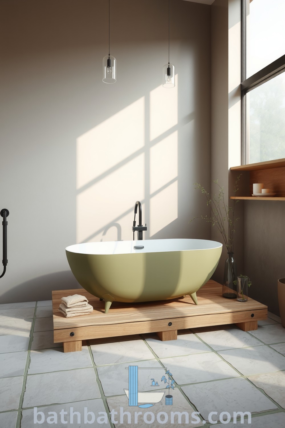 Minimalist olive bathroom with a freestanding tub, textured walls, rustic wooden platform, uneven stone tiles, candles, and small plants, creating a tranquil retreat. Explore more cozy home ideas at bathbathrooms.com.
