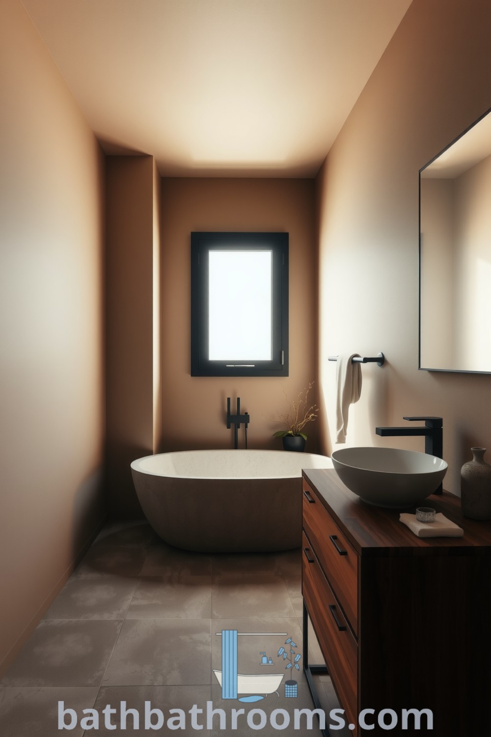 Cozy minimalist taupe bathroom featuring a freestanding stone tub, wooden vanity, and soft natural light from a frosted window, creating a serene and inviting atmosphere. Explore more cozy home decor ideas at bathbathrooms.com.