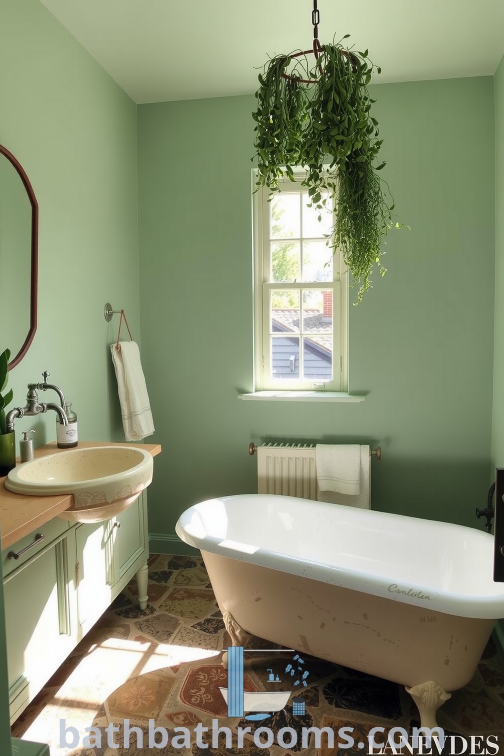 Mint green Provence bathroom featuring gentle mint walls, a weathered wooden vanity, vintage fixtures, a freestanding tub, and hanging herbs, creating a tranquil and inviting atmosphere. Discover more inspiring decor ideas at bathbathrooms.com.