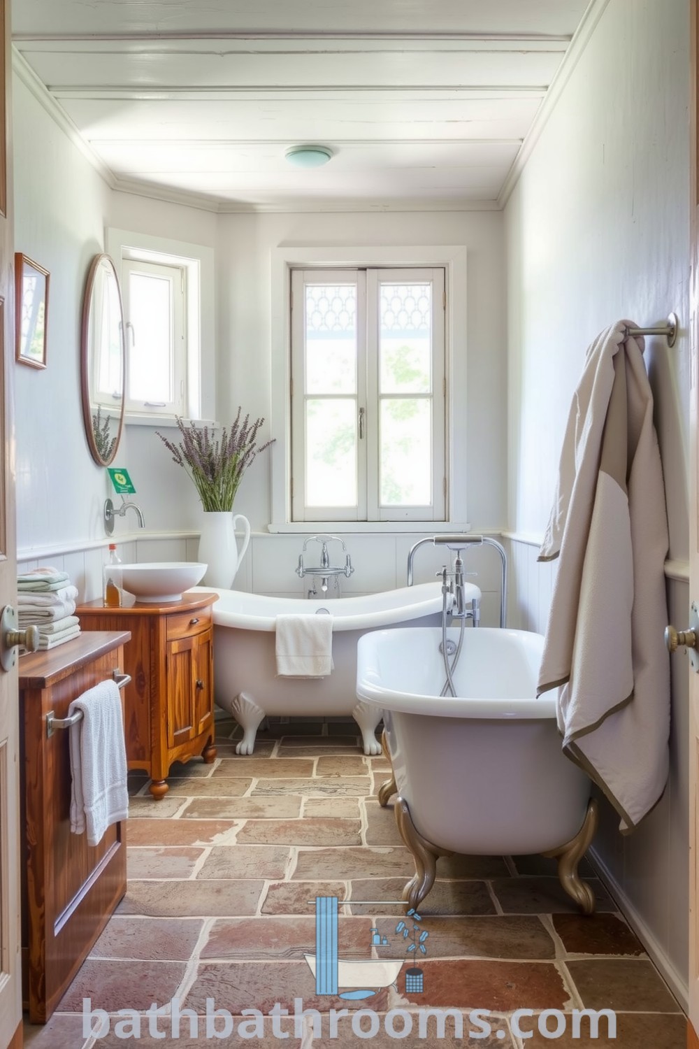 Cozy Provence bathroom featuring aged white walls, a rustic wooden vanity, a freestanding clawfoot tub, and lace-trimmed windows, creating a serene and inviting atmosphere. Discover inspiring decor ideas for your home at bathbathrooms.com.