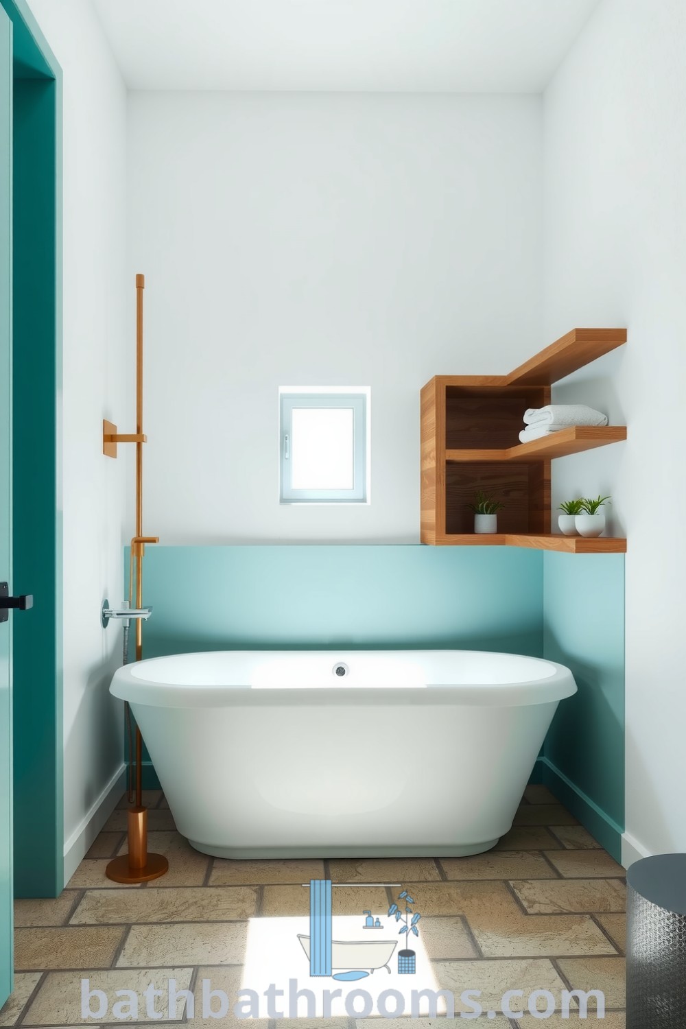 Minimalist bathroom featuring tranquil turquoise walls, a sleek freestanding tub, textured white walls, rough stone tiles, and greenery from small potted plants, creating a serene and inviting atmosphere. Discover unique decor ideas for your home at bathbathrooms.com.