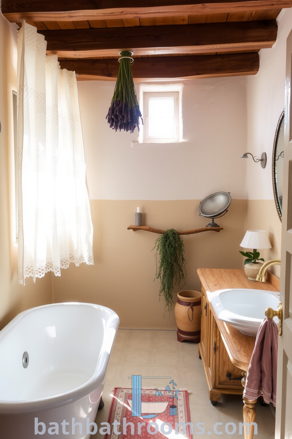 Cozy Provence bathroom featuring creamy walls, a vintage freestanding tub, rustic plaster, lavender accents, and a weathered vanity, showcasing inviting decor ideas and a lived-in charm. Discover more inspiring designs and cozy ideas for your home at bathbathrooms.com.