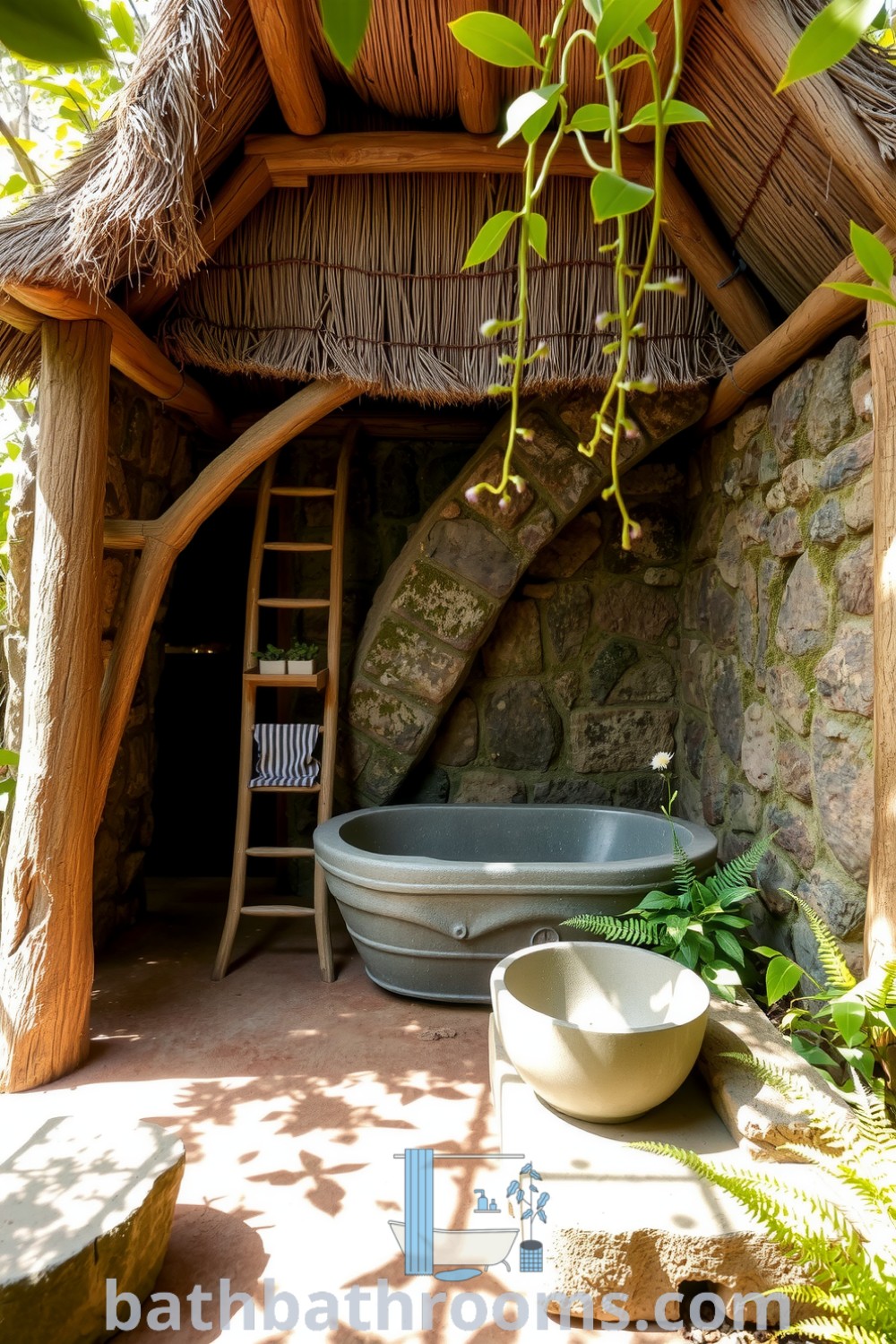 Eco-friendly outdoor bathroom with weathered wooden beams, natural stone walls, a freestanding stone tub, surrounded by greenery and wildflowers, creating a peaceful retreat. Discover cozy decor ideas and unique inspirations for your home at bathbathrooms.com.