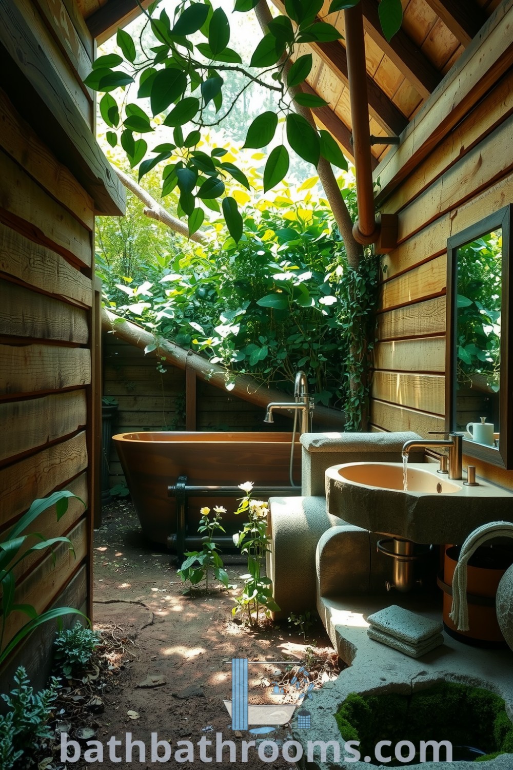 Rustic outdoor bathroom featuring weathered wooden walls, a reclaimed timber tub, a rough-hewn stone sink, surrounded by lush greenery and wildflowers, creating a serene and cozy atmosphere. Discover unique ideas for your home at bathbathrooms.com.