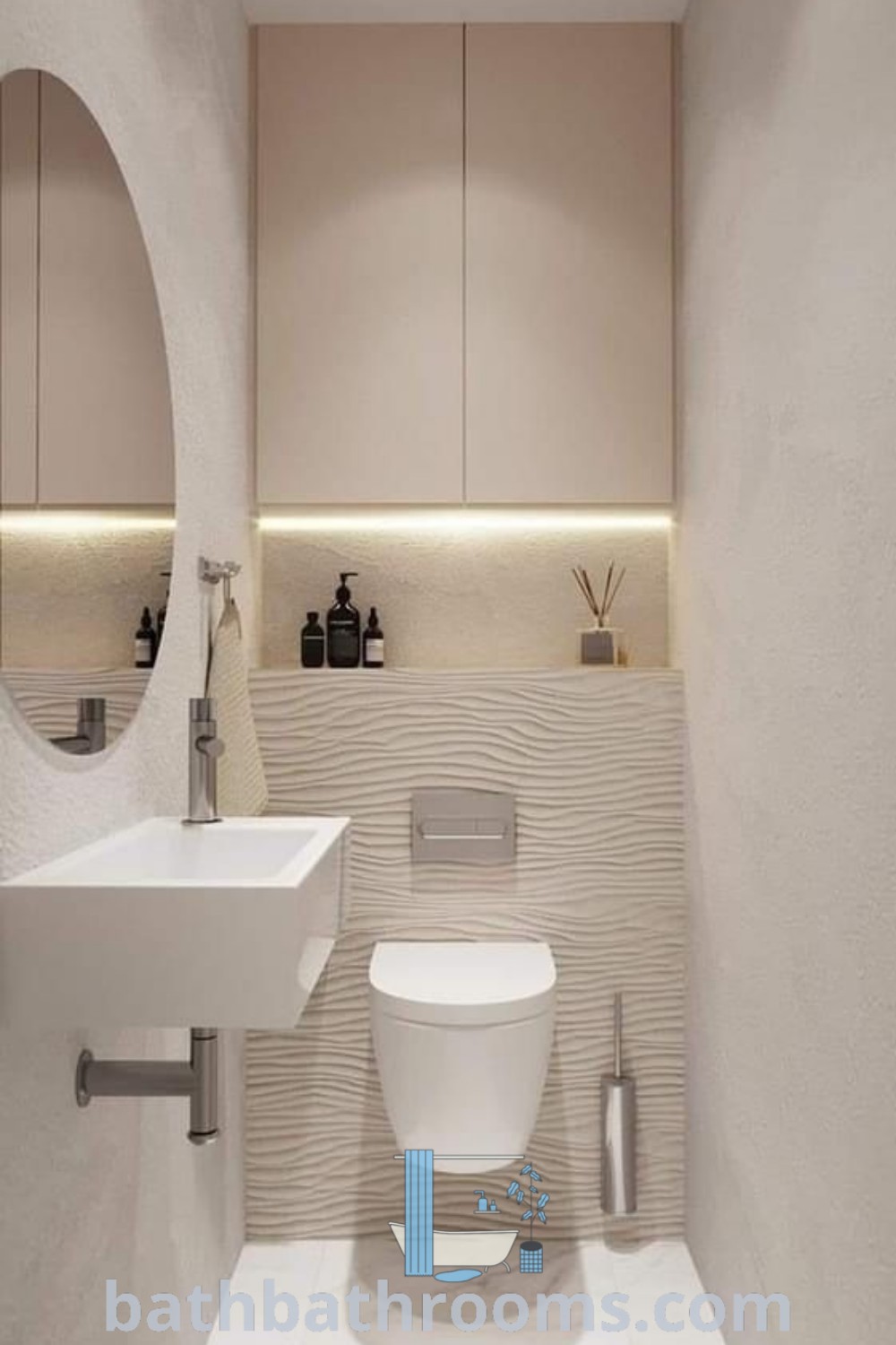 A small bathroom featuring a white toilet beside a sink, illuminated by a round light fixture. The design reflects cozy aesthetic principles and innovative ideas for small spaces, showcasing decor inspirations and styles suitable for modern washroom design. More ideas available at bathbathrooms.com.