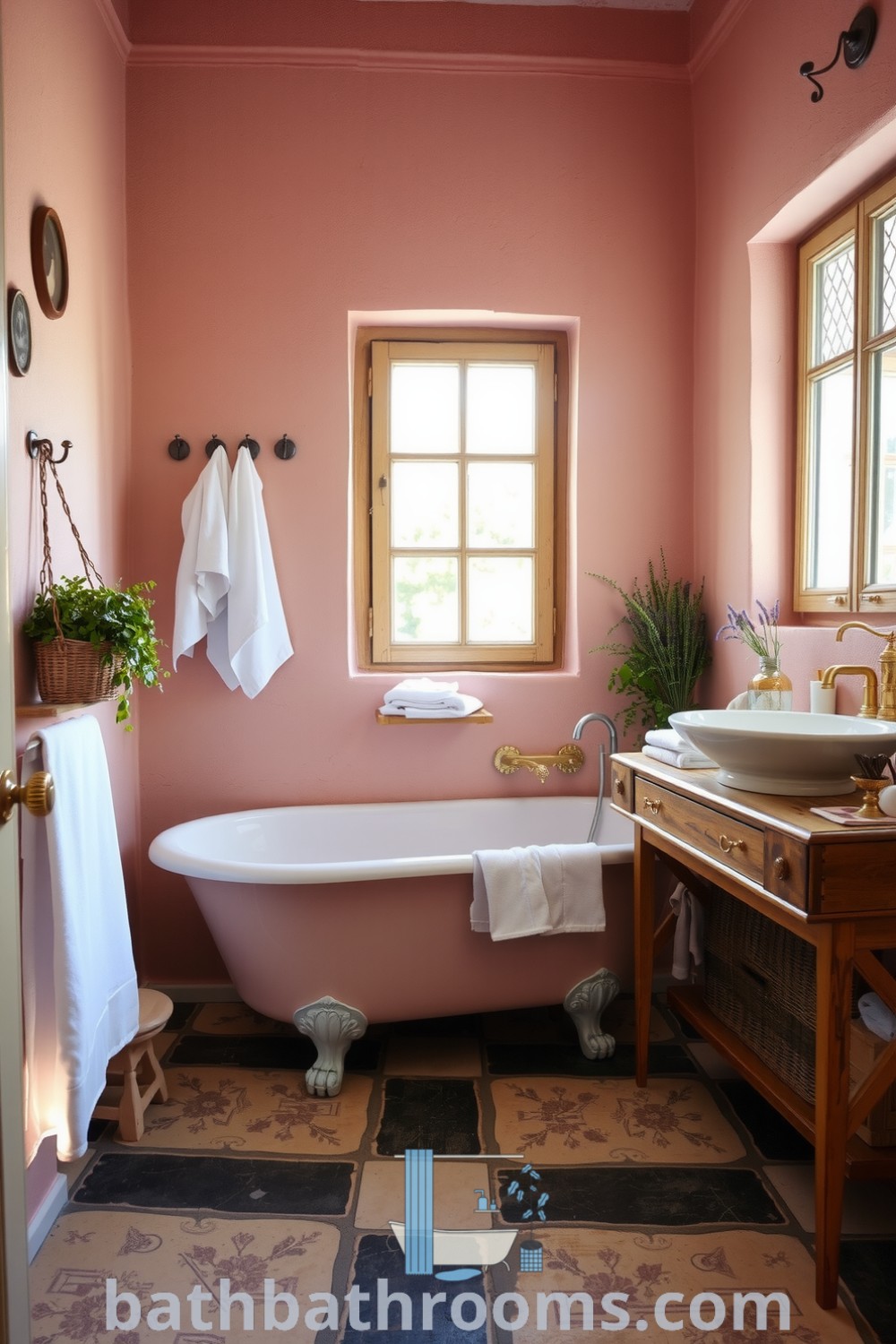 Cozy Provence bathroom featuring soft pink accents, a vintage clawfoot tub, rustic wooden vanity, and abundant natural light, creating an inviting and relaxing atmosphere. Discover more inspiring cozy home ideas at bathbathrooms.com.