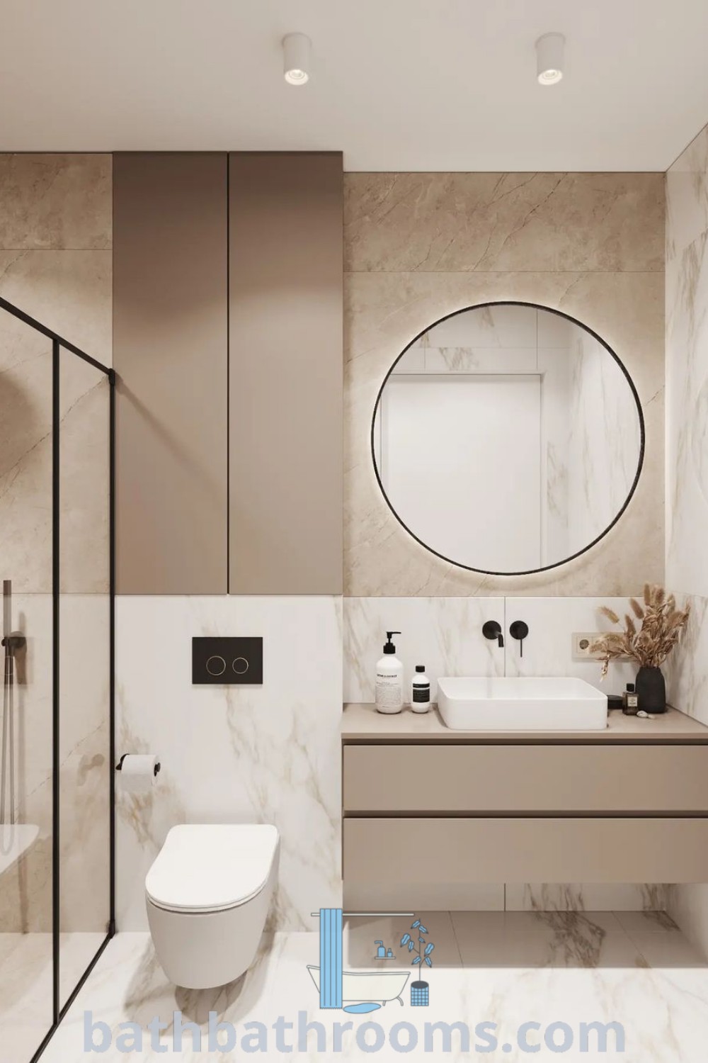 A modern bathroom featuring marble walls and flooring, with a round mirror above the sink. This chic design showcases inspiring ideas for small bathroom interiors and bathroom paint colors, highlighting functionality and style. Discover more beautiful decor ideas at bathbathrooms.com.