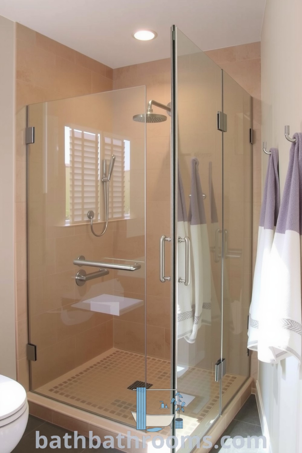 Frameless glass shower in a warmly lit bathroom with beige tiles, brushed nickel showerhead, and lavender accents in plush towels, creating a cozy and inviting atmosphere. Discover more unique ideas for your home at bathbathrooms.com.