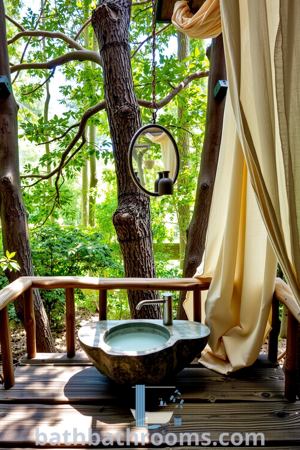 Rustic outdoor bathroom featuring weathered wooden planks, a handcrafted stone basin, and a recycled metal mirror, creating a cozy and serene atmosphere. Discover more unique decor ideas for your home at bathbathrooms.com.