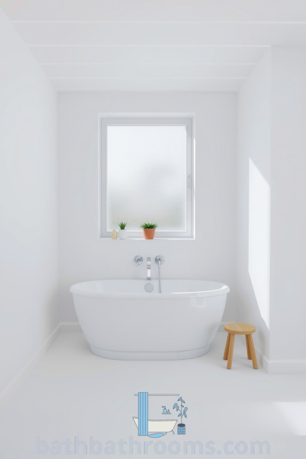 Minimalist bathroom featuring a serene white palette, sleek freestanding tub, wooden accents, potted plant, and natural light for a cozy aesthetic. Discover more unique ideas for your home at bathbathrooms.com.