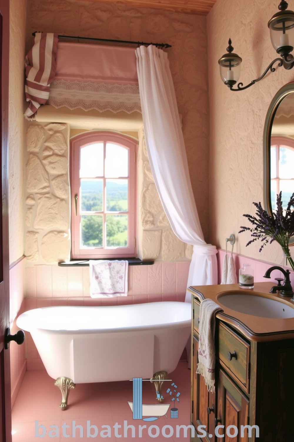 Cozy Provence bathroom featuring soft pink accents, a vintage clawfoot tub, rustic wooden vanity, and lavender sprigs, creating a tranquil and inviting atmosphere. Discover more inspiring decor ideas at bathbathrooms.com.