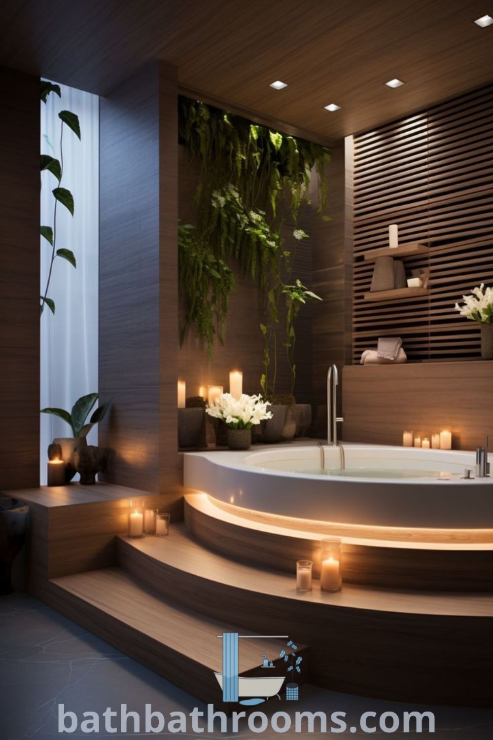 A modern bathroom featuring a luxurious jacuzzi surrounded by lit candles and potted plants. This rich bathroom luxury design highlights tranquil and cozy aesthetics, offering inspiring ideas for your home. Discover new decor ideas at bathbathrooms.com.