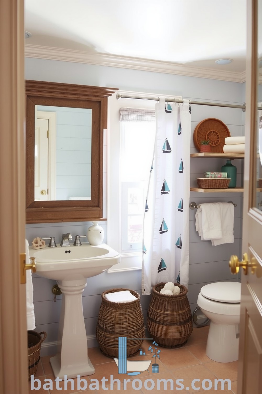 Nautical-style bathroom featuring soft sea blues, sandy creams, weathered wood accents, a classic pedestal sink, sailboat-patterned shower curtain, and woven baskets, creating a tranquil seaside retreat. Discover more cozy decor ideas at bathbathrooms.com.