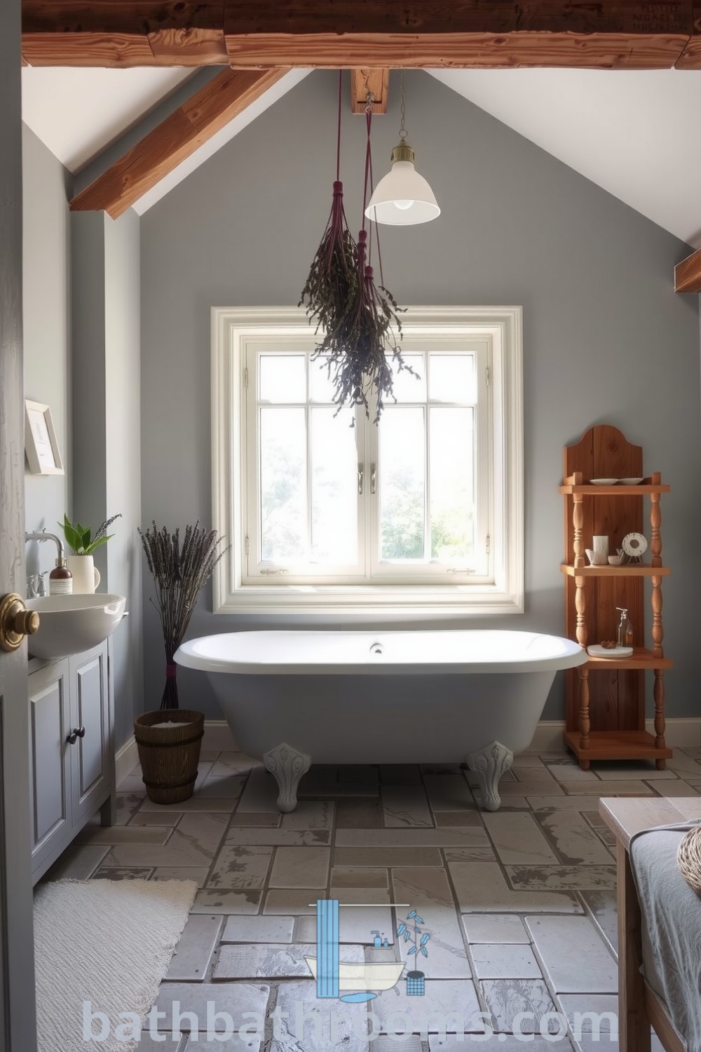 Cozy gray Provence bathroom featuring a vintage clawfoot tub, rustic wooden accents, and dried lavender, creating a tranquil and elegant atmosphere. Discover inspiring decor ideas for your home at bathbathrooms.com.