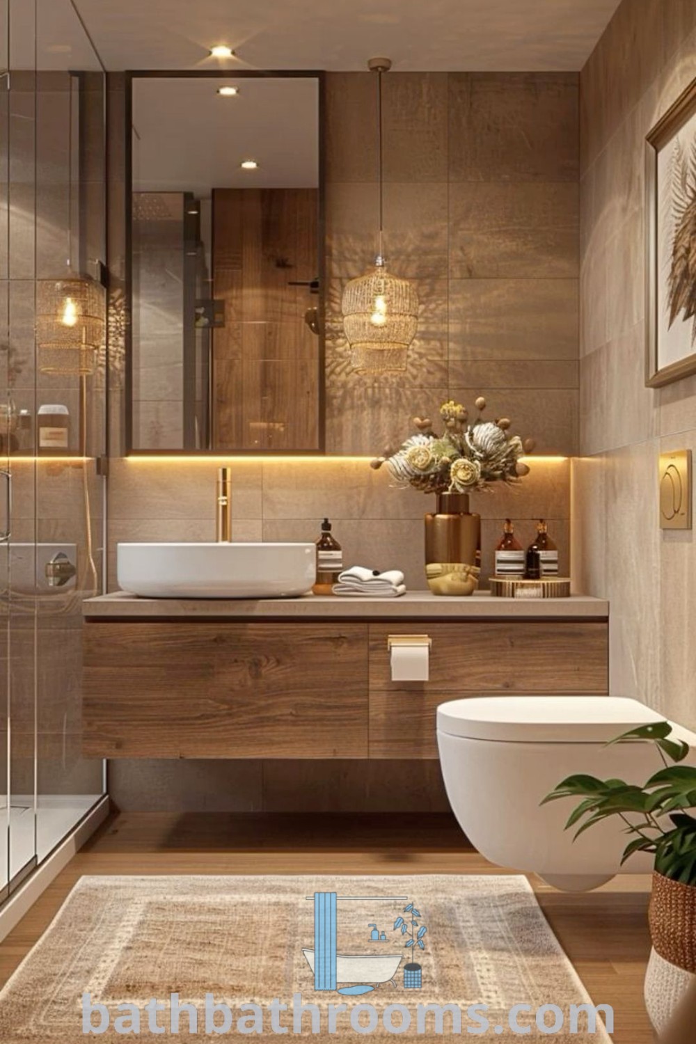 A minimalist luxury bathroom showcasing a central toilet, sink, and shower stall, designed for both style and functionality. Explore unique decor ideas for small spaces and inspiring design trends at bathbathrooms.com.