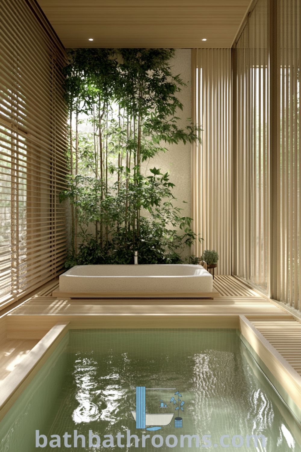 Japanese bathroom featuring a sleek wooden tub, bamboo walls, soft green hues, and potted plants, creating a tranquil and inviting space. Discover more cozy decor ideas at bathbathrooms.com.