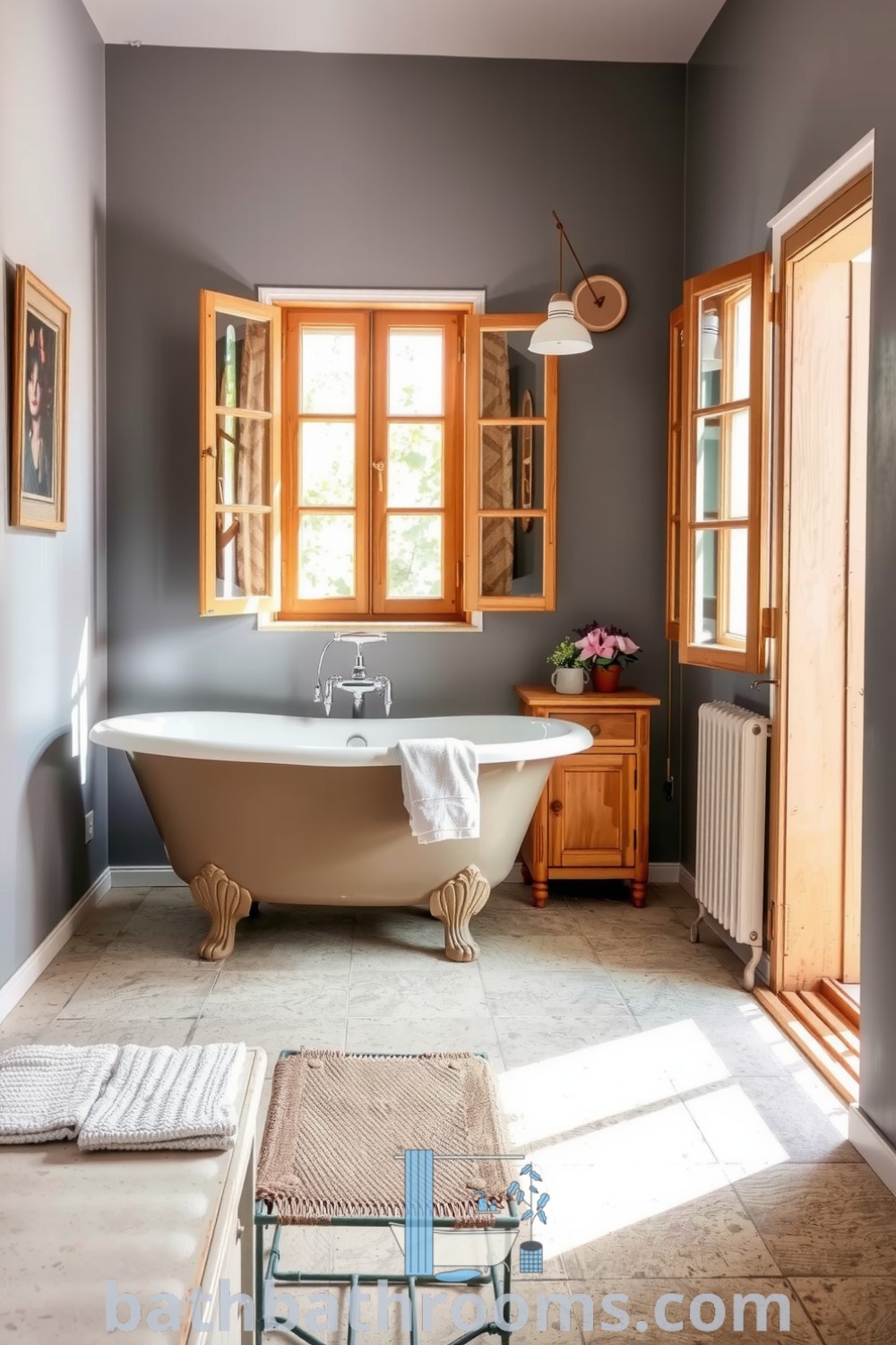 Cozy Provence bathroom featuring gray tones, vintage clawfoot tub, dried herbs, potted plants, and natural light, creating a serene and sophisticated atmosphere. Discover unique decor ideas for your home at bathbathrooms.com.
