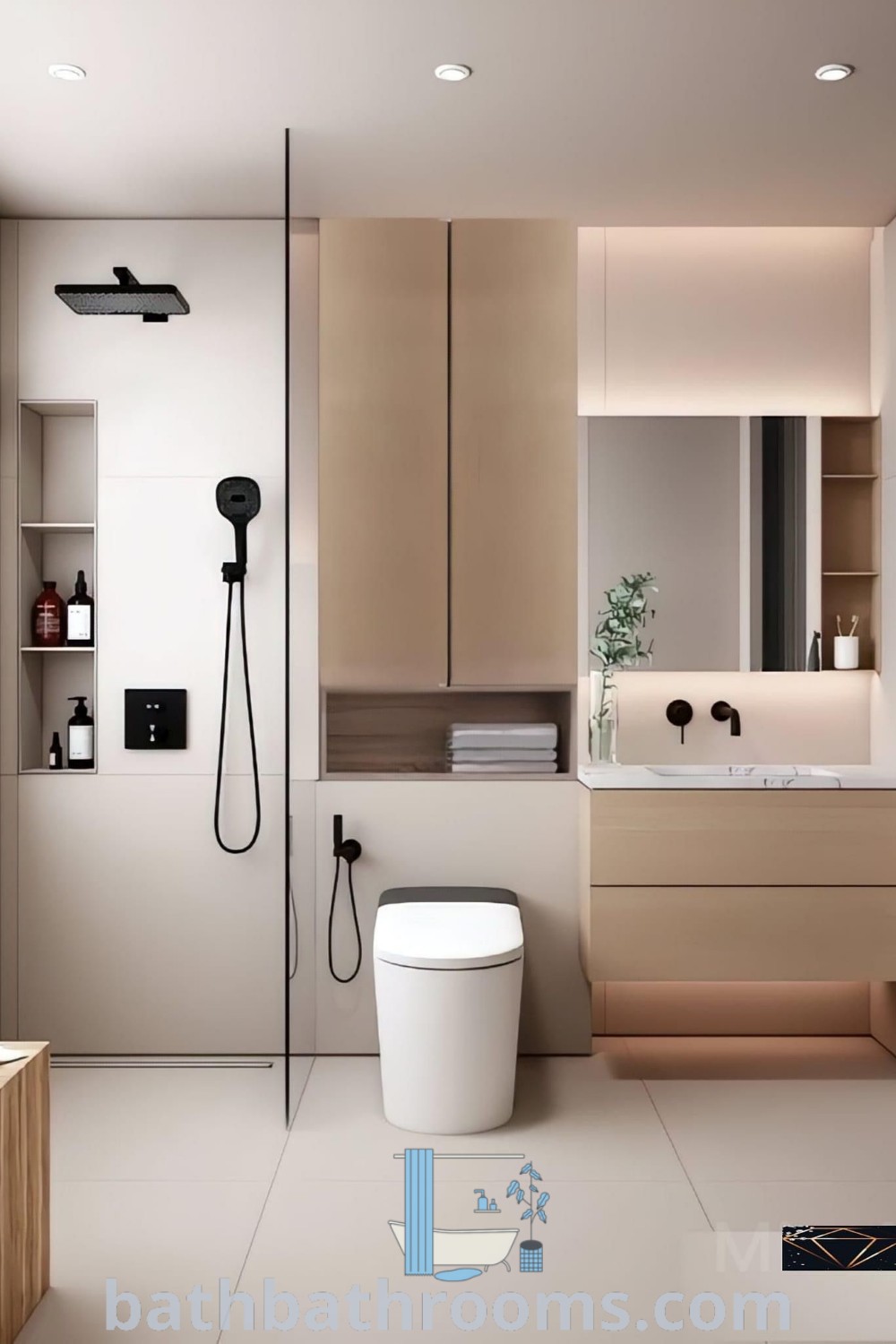 A modern bathroom showcasing a functional layout with a toilet next to a sink, designed for small spaces. This clean and cozy interior includes decor ideas and inspirations for optimizing style and functionality. Discover more at bathbathrooms.com.