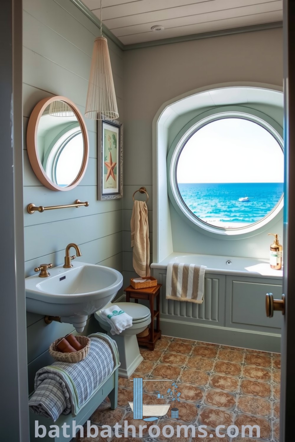 Maritime bathroom with seafoam green and sandy beige decor, weathered wooden accents, a round porthole window, a sleek white porcelain sink with brass fixtures, and stone tiles mimicking a pebble beach, creating a cozy and tranquil ambiance. Discover more inspiring decor ideas at bathbathrooms.com.