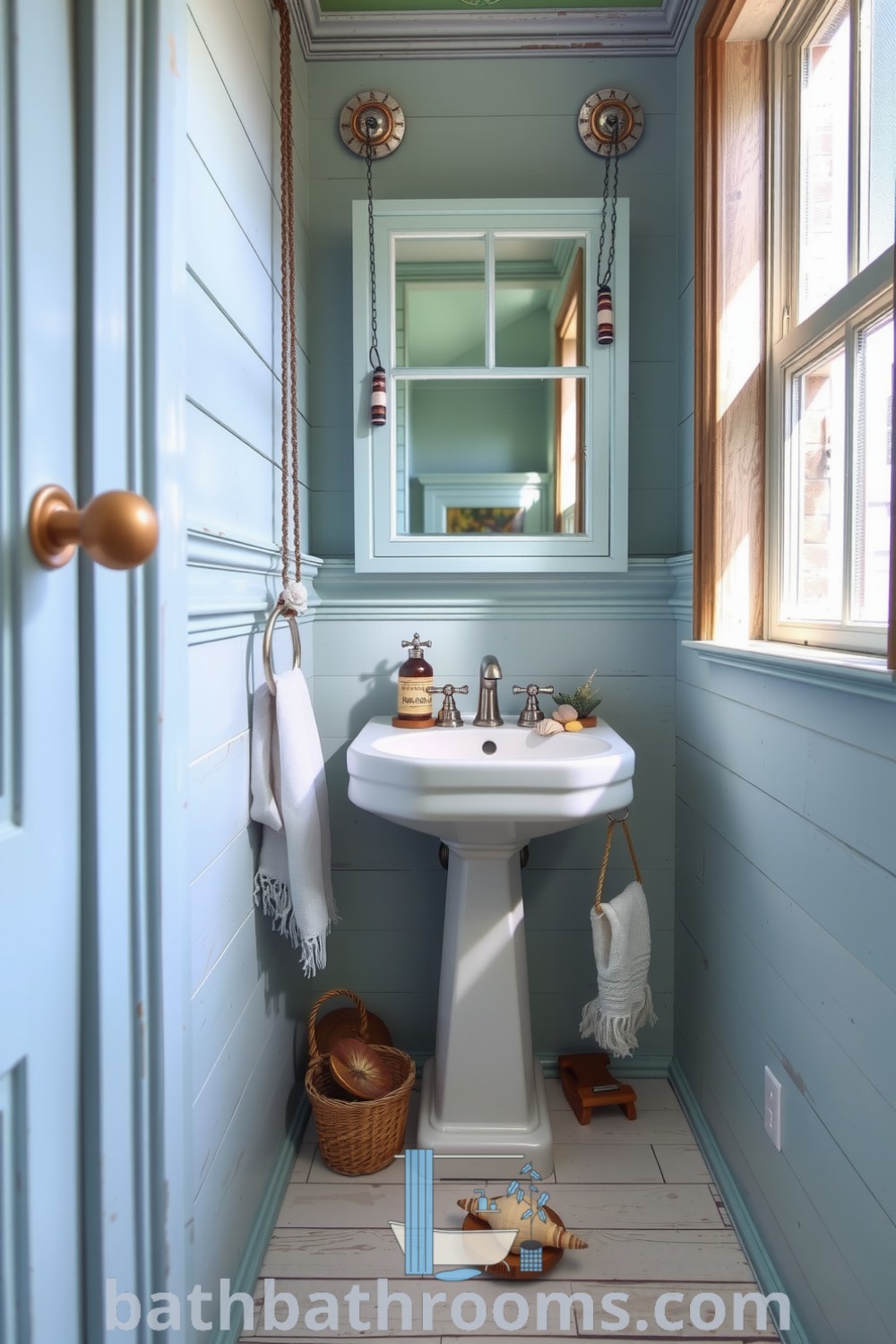Coastal bathroom featuring seafoam walls, weathered wood accents, a charming pedestal sink, and nautical-themed tiles, enhanced with shell and driftwood decor for a serene ambiance. Discover unique decor ideas for your home at bathbathrooms.com.