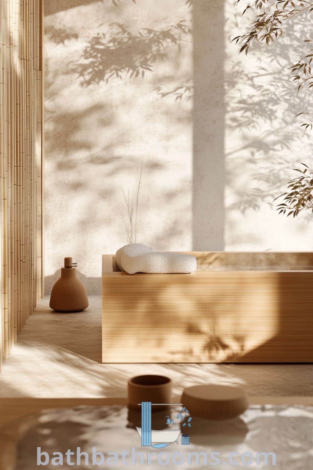 Cozy Japanese bathroom featuring warm beige tones, a deep soak tub with wooden edges, natural light from a frosted window, and bamboo accents, creating a tranquil ambiance. Explore inspiring decor ideas for your home at bathbathrooms.com.
