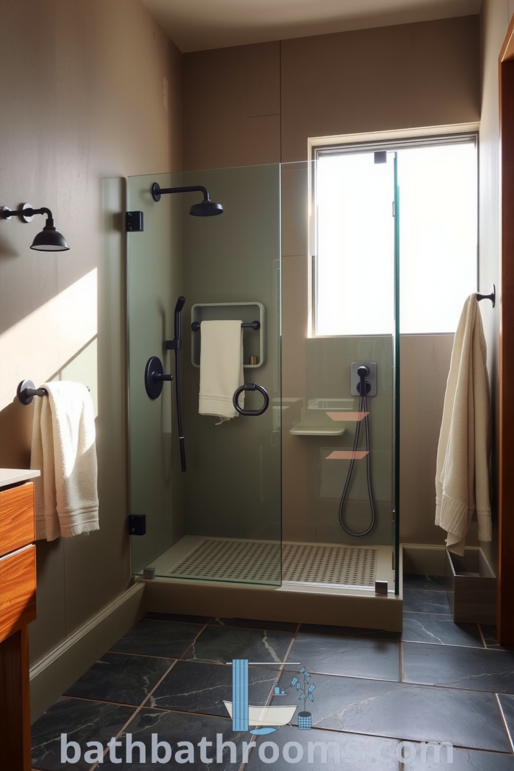 Modern master bathroom featuring a frameless glass shower, smooth concrete walls, warm wooden accents, and elegant black fixtures, illuminated by sunlight through a frosted window. Discover unique ideas and cozy decor inspirations for your home at bathbathrooms.com.