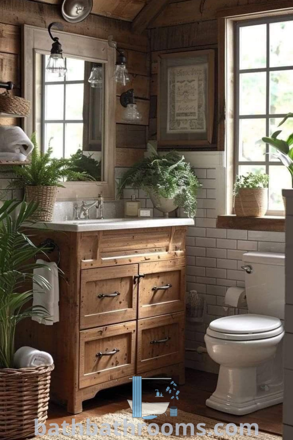 A bathroom with wooden floors and walls, showcasing rustic style elements. The cozy cottage bathroom decor combines old country and farmhouse ideas for a warm, inviting atmosphere. Discover more unique design ideas at bathbathrooms.com.