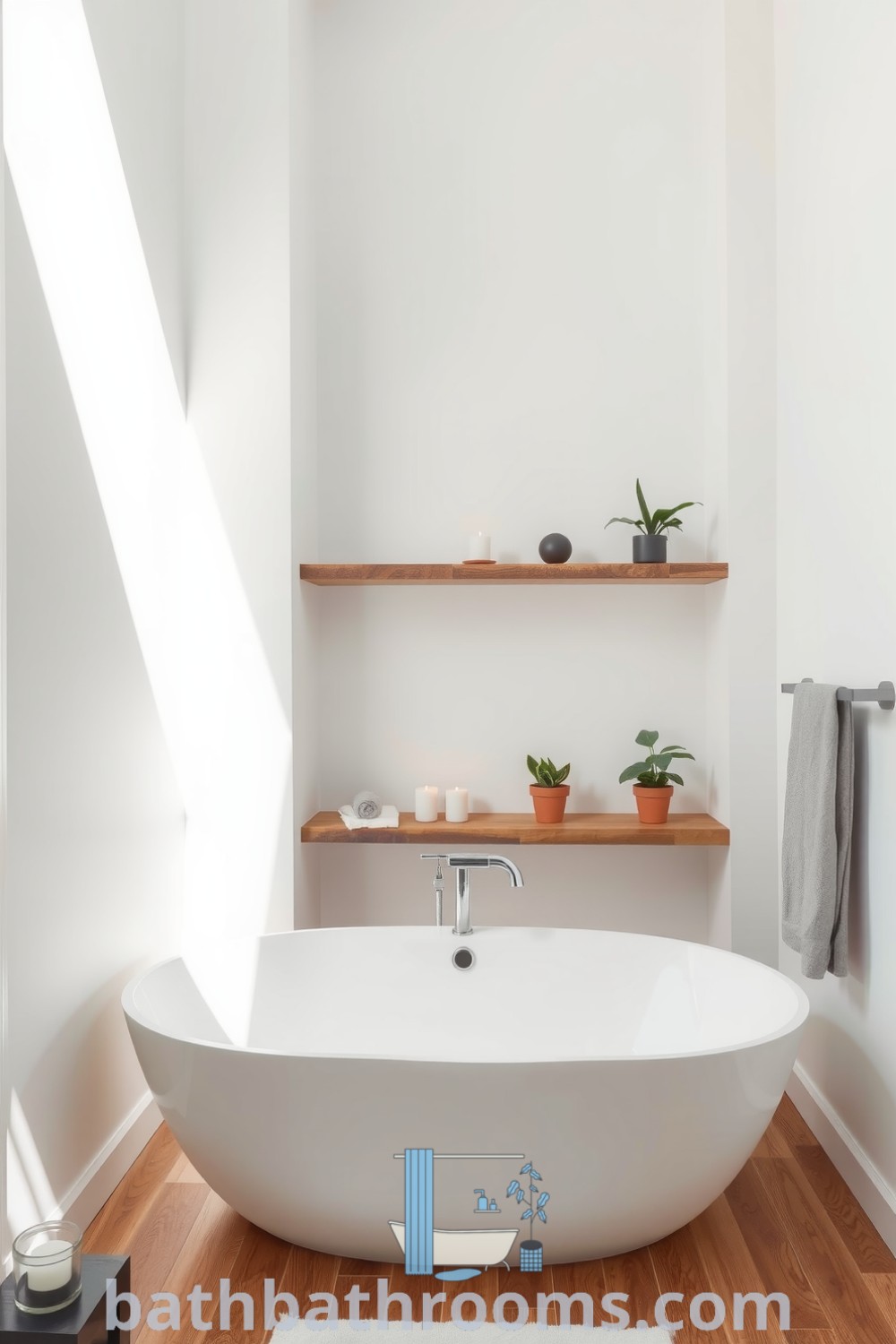 Cozy minimalist bathroom with natural light, white hues, freestanding tub, wooden floor, and reclaimed wood shelves adorned with candles and plants, creating a serene and inviting atmosphere. Discover more cozy decor ideas for your home at bathbathrooms.com.